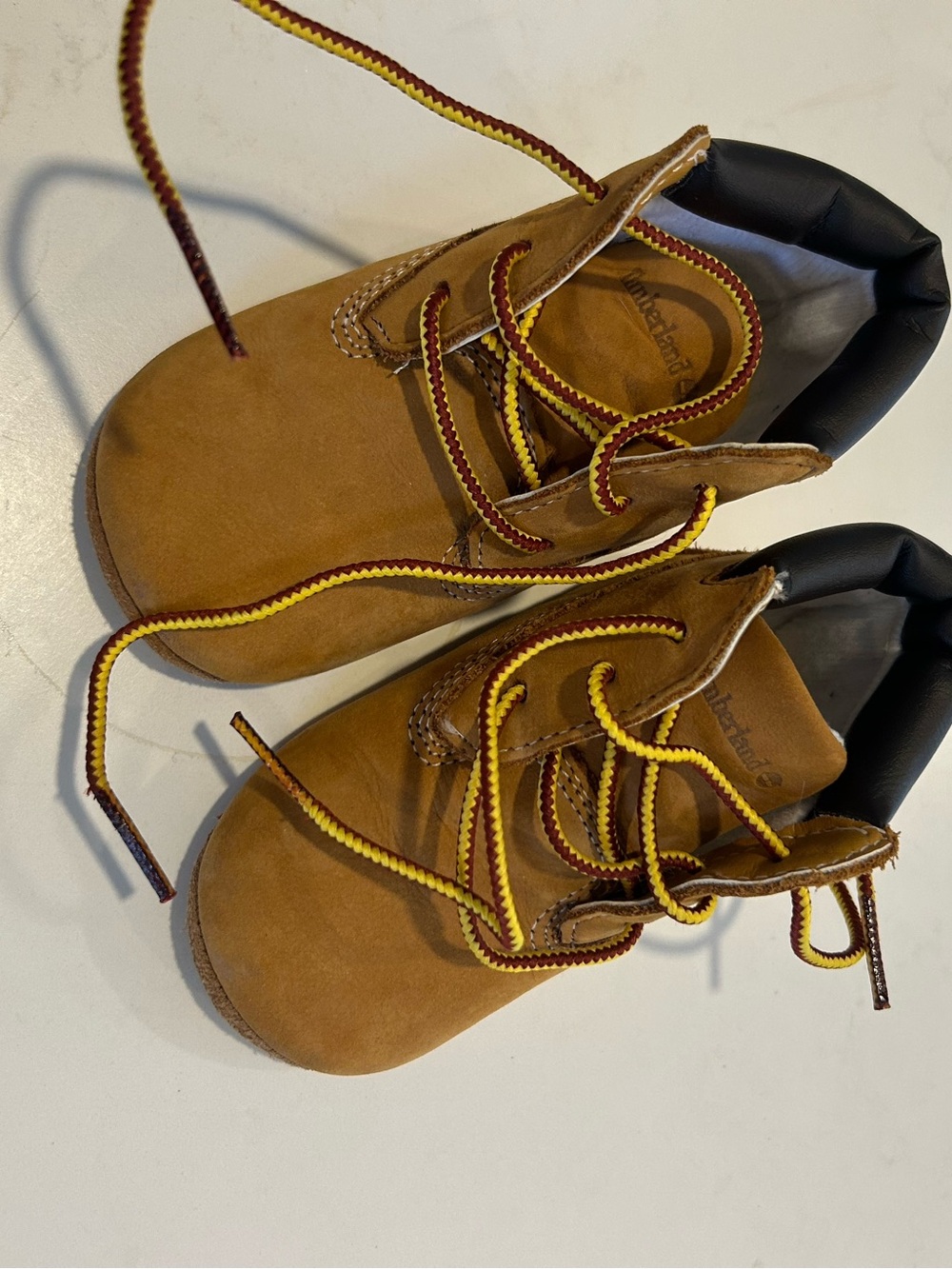 Timberland Kids Tan Leather Lace-Up Boots with Yellow & Burgundy Laces
